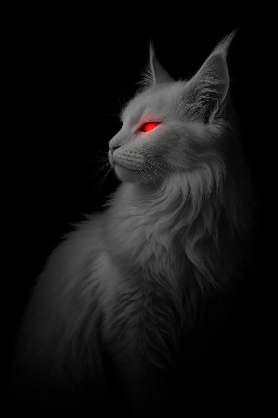 A long-haired Maine Coon in profile, a single red eye glinting in the dark