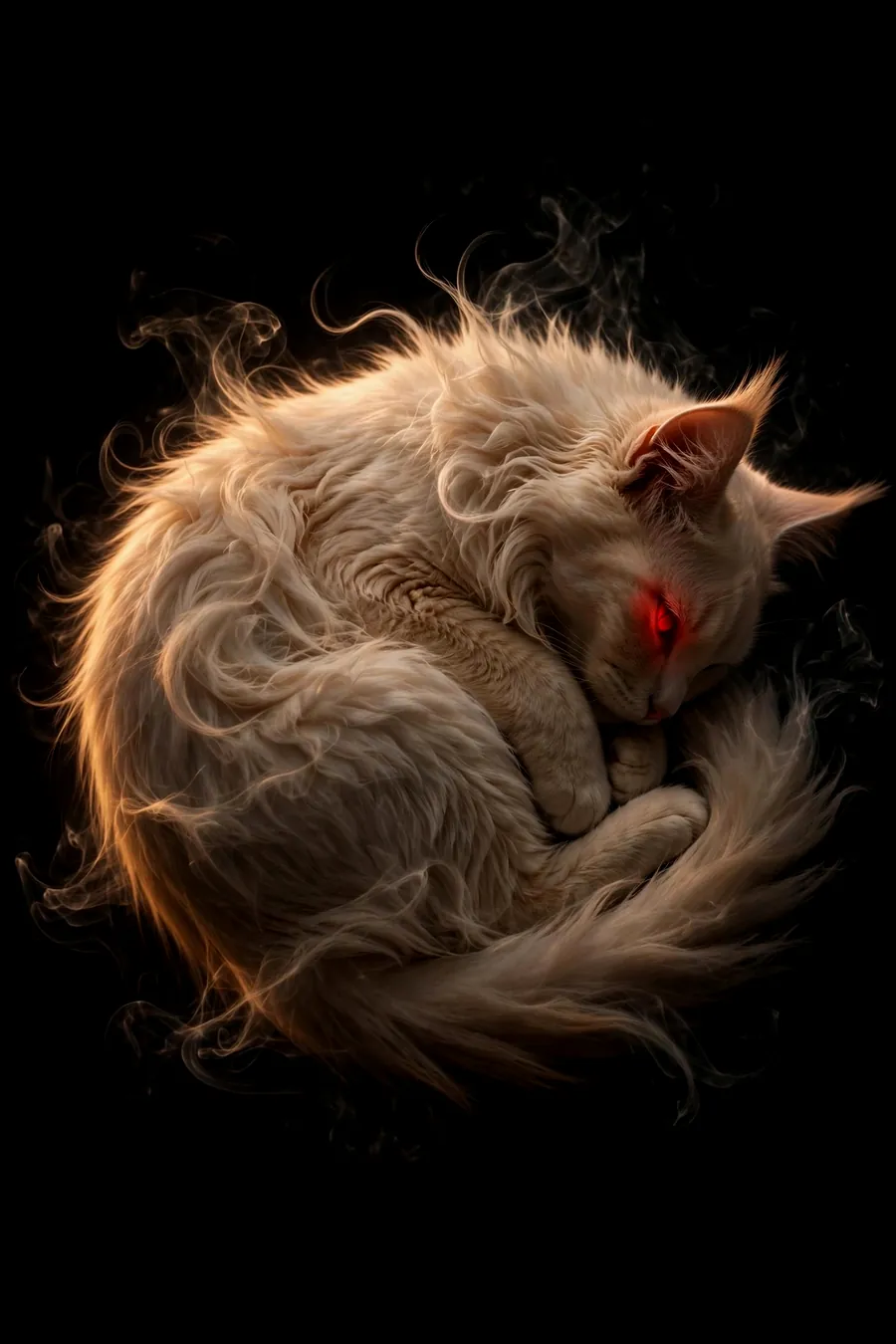 A pale Maine Coon curled up against the cold, one red eye open