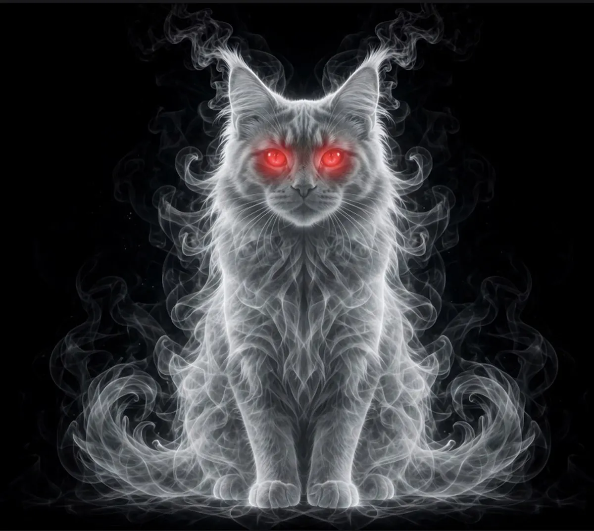 A pale Maine Coon made of drifting smoke, facing forward with glowing red eyes