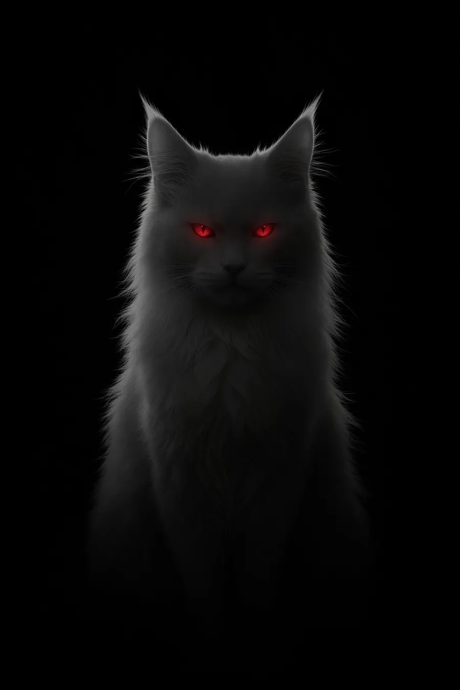A dark Maine Coon in shadow, two red eyes watching